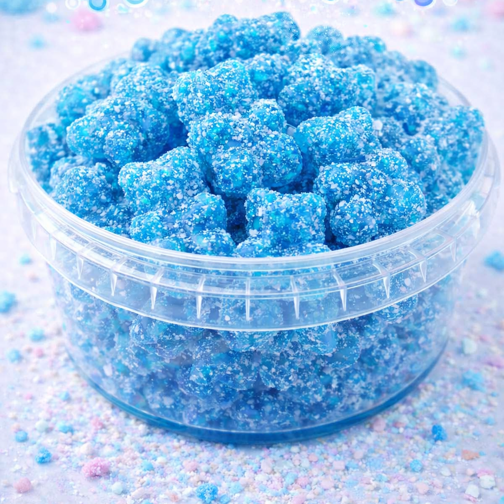 Container of blue gummy bears with 'Super Sour Blue Razz Bears' text on a light blue background