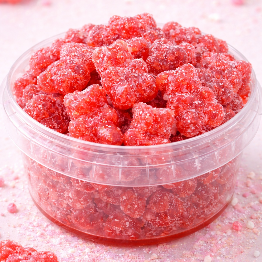 Clear container filled with red gummy candies on a light background